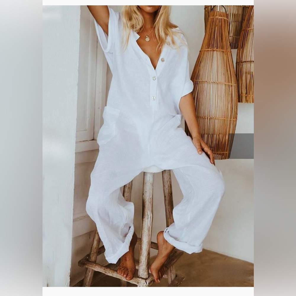 White Linen Short Sleeve Romper